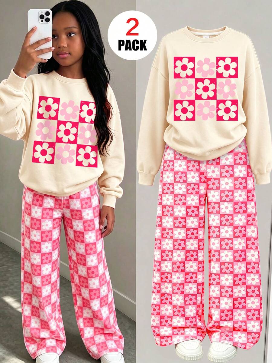 2pcs Girls' Set,Including Checkerboard Flowers Print Crewneck Sweatshirt&Random Crop Floral Plaid All-Over Print Wide-Leg Pants,Suitable For And Winter - Multicolor - View 1