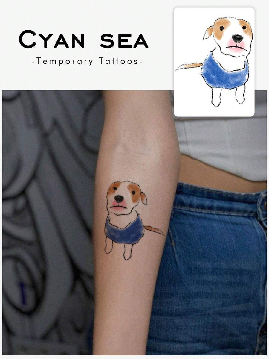 1pc Hand‑Painted Cartoon Puppy Pattern Temporary Tattoo Sticker, Realistic Fake Tattoo Design, Suitable For Daily, Bachelorette Party Favors, Music Festivals, Games, Graduation Gifts, Lasts 3‑5 Days - Multicolor - View 1