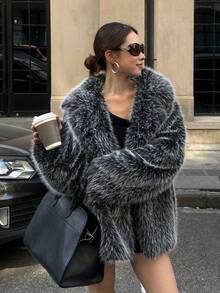 New Popular Autumn/Winter Women's Luxury Oversized Super Loose Faux Fur Coat With Lapel, Extra Long Sleeves Warm Winter Jacket, Essential Glamorous Winter Piece - White-tipped - View 2