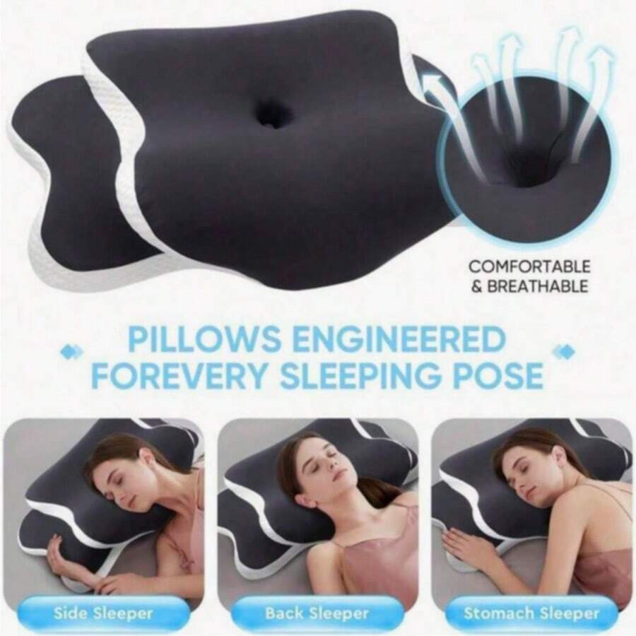 1pc Ergonomic Memory Foam Butterfly Neck Pillow, C-Shaped/Dual Height Adjustable, Transparent Protective Cover Support, Suitable For Side/Back/Stomach Sleeping, Travel And Home Use, Machine Washable, Home Comfort