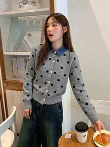 Polka Dot 2 In 1 Denim Patchwork Polo Collar Knit Sweater Cardigan - Grey - View 2