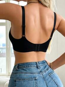 1件女款軟支撐內衣，提拉聚攏、防下垂、側乳平滑、無縫、無鋼圈、固定罩杯內衣 - 黑色 - 查看 2