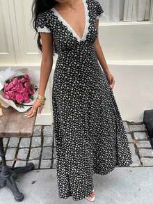 Women's -Sleeved, Deep V-Neck, Lace-Detailed, Floral-Patterned Long Dress, 36281 - Black - View 1