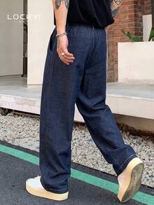 1pc Men's American Sports College Style Mid-Waist Button Loose Straight Leg Casual Pants Spring/Autumn - Blue - View 2