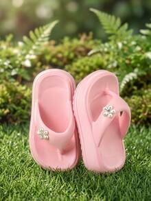 HAHABOBO New Summer Girls' Cute 3D Pearl Flower Decorated Platform Flip-Flops, EVA Thong Sandals, Perfect For Beach Trips And Vacations - Pink - View 2