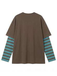 JUTU Women's Autumn/Winter Round Neck Loose Letter Print Striped 2-In-1 Long Sleeve T-Shirt, American Retro Casual Daily Commute Top - Brown - View 6