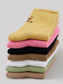 1/4/7 Pairs Random Men's Soft Macaron Solid Color Vertical Stripe Mid-Calf Socks, Minimalist English Letter Versatile Comfortable Smiling Face Socks - Multicolor - View 5