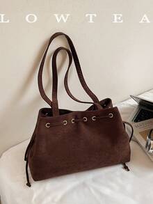 low tea 1pc Minimalist Fashion Suede Fabric Shoulder Small Tote Bag, Suitable For Commuting, Shopping, Etc. - Coffee - View 5