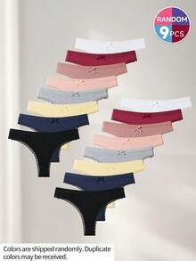 9pcs Random Color Low Waist Bow Lace Patchwork Cotton Women's Thong Panties, Romantic Cute Soft Skin-Friendly Women's Underwear - Multicolor - View 3