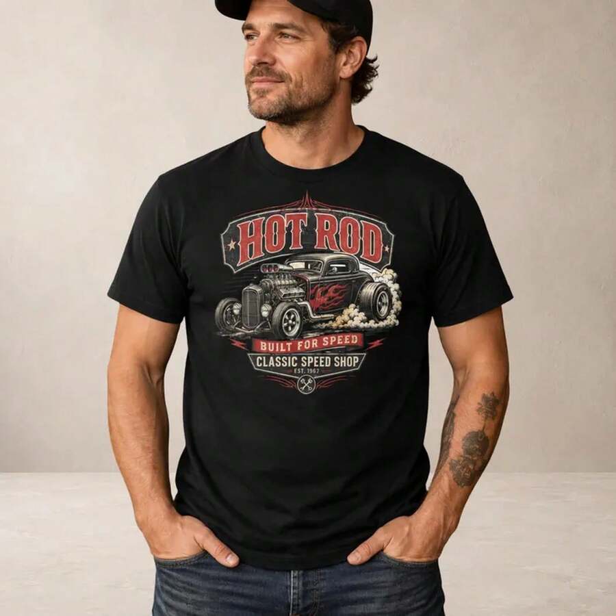 Hot Rod T-Shirt, Vintage Speed Shop Graphic Tee, Classic Car Apparel - 黑色的 - 查看 1