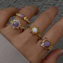Set de 4 anillos con piedras preciosas de sol y luna de moda, regalo para el Día de San Valentín, Día de la Madre, cumpleaños - Multicolor - Ver 10
