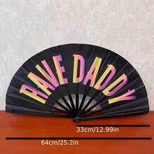 Black Background Colorful English Print Hard Bone Clacker Fan Rave Theme Music Festival Interactive Handheld Prop Foldable Portable Cooling Fan - Multicolor - View 5