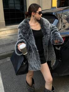 New Popular Autumn/Winter Women's Luxury Oversized Super Loose Faux Fur Coat With Lapel, Extra Long Sleeves Warm Winter Jacket, Essential Glamorous Winter Piece - White-tipped - View 4
