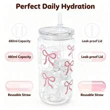1pc 16oz/480ml Large Capacity Bow Pattern Cup With Lid And Straw, Portable Beverage Juice Cup For Outdoor Travel, Summer Winter Drinkware, Birthday Holiday Party Gift - Multicolor - View 3