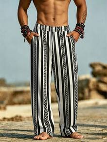 Vintage Colorblock Vertical Stripe Men's Loose Drawstring Waist Breathable Wide Leg Long Pants For Surfing And Vacation - Multicolor - View 2