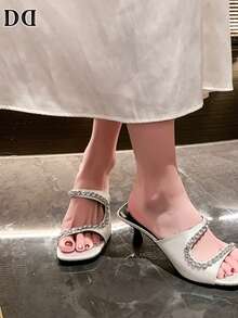 Elegant Rhinestone Cutout Mid‑Heel Mule Slides For Women, Square‑Toe Satin‑Like Open‑Toe Heeled Sandals, Bridal & Date‑Night Shoes - Beige - View 4
