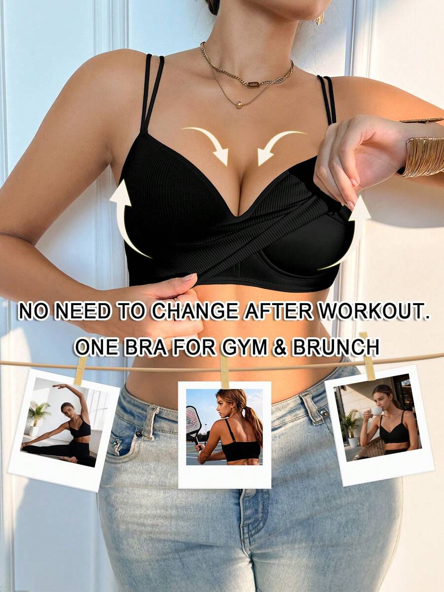 Women's Black Ribbed Fixed Cup Wireless Push-Up Bandeau Bra, Adjustable Spaghetti Strap, Soft Daily Invisible Bra - Black - View 1