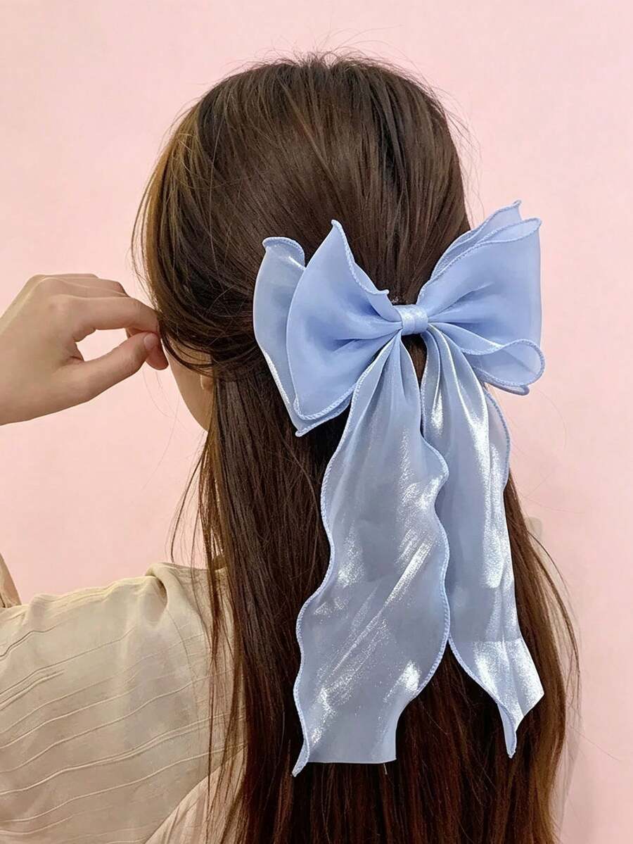 3件組柔光美人魚薄紗3D蝴蝶結髮夾,流暢波浪長緞帶設計,女孩穿搭裝飾髮夾 - 彩色 - 查看 1