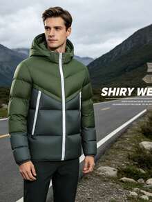Abrigo acolchado de hombre con capucha, ajuste slim, bloque de color, con cremallera, acolchado térmico guateado, cortavientos, chaqueta de algodón para invierno - Verde militar - Ver 1