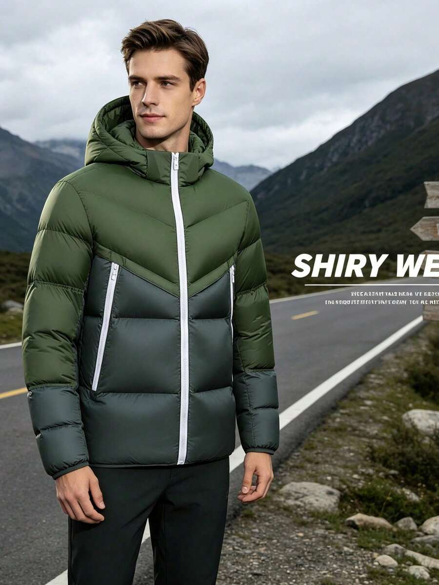 Abrigo acolchado de hombre con capucha, ajuste slim, bloque de color, con cremallera, acolchado térmico guateado, cortavientos, chaqueta de algodón para invierno - Verde militar - Ver 1