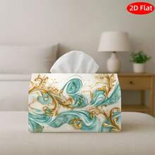 1 pieza Funda de caja de pañuelos de tela con patrón floral de pergamino verde azulado dorado vintage plano 2D, soporte de almacenamiento de pañuelos rectangular impreso a doble cara, estilo de lujo retro para decoración del hogar en sala de estar, cocina, coche, escritorio - Multicolor - Ver 5