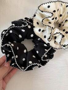 1pc Korean Style New Double Layer Ruched Lace Scrunchie, French Polka Dot Minimalist Elegant Elegant Hair Tie For Women Students, Daily Commute Ponytail Bun Versatile Fabric Hair Rope, Niche Gentle Atmosphere Hair Accessory - Multicolor - View 1