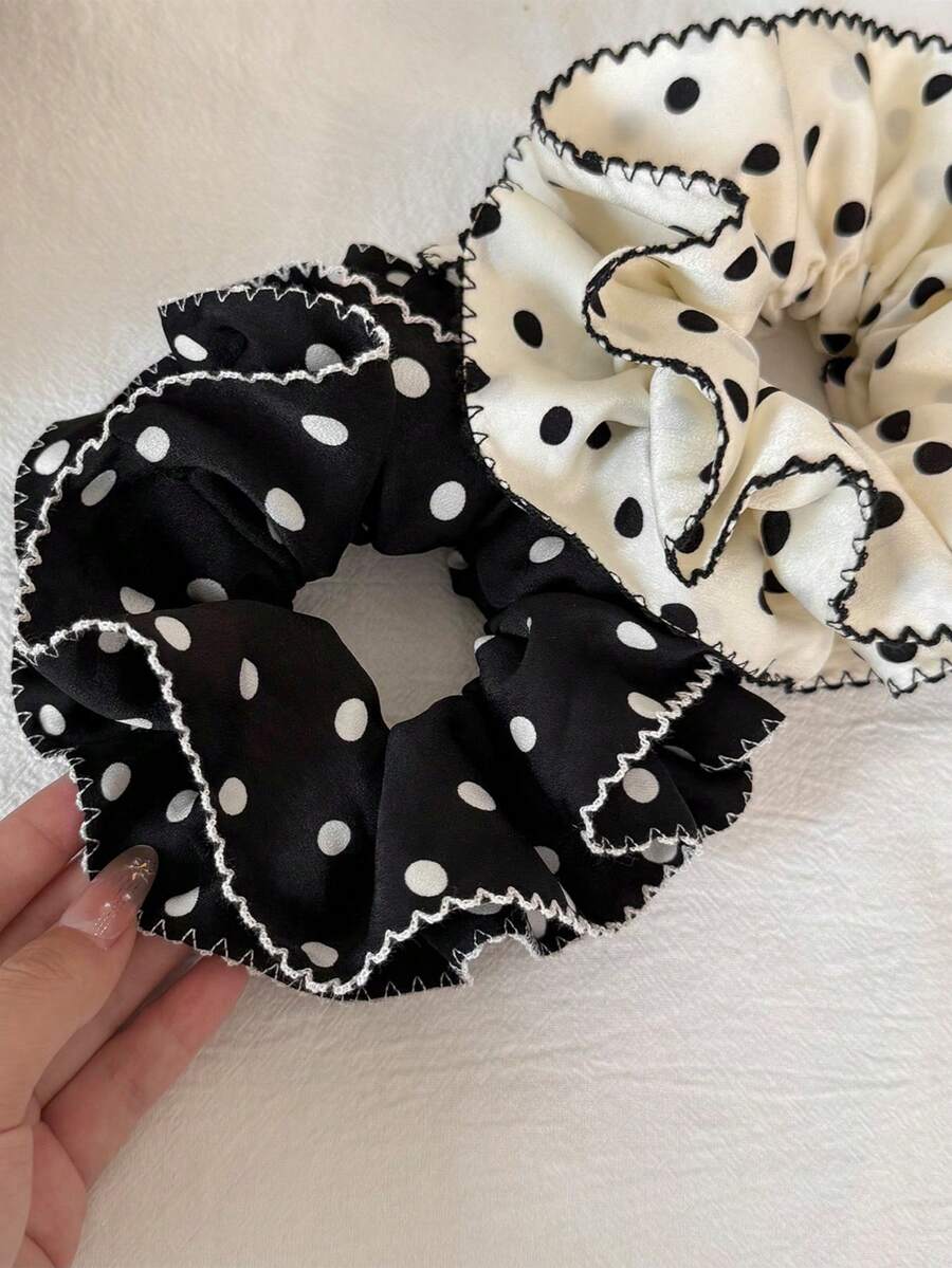 1pc Korean Style New Double Layer Ruched Lace Scrunchie, French Polka Dot Minimalist Elegant Elegant Hair Tie For Women Students, Daily Commute Ponytail Bun Versatile Fabric Hair Rope, Niche Gentle Atmosphere Hair Accessory - Multicolor - View 1