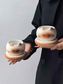 1 Set Siamese Cat Hand-Held Coffee Cup & Saucer, Niche Design Cute Cat Coffee Cup & Matching Small Round Saucer, Capacity Perfect For Arabic Coffee, Afternoon Tea, Gift - Multicolor - View 5