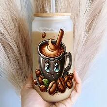 16oz Cute Cartoon Coffee Bean Pattern Glass Cup, Iced Coffee Straw Cup For Coffee Lovers - Multicolor - View 2