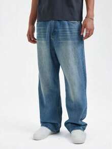 Men's Casual Straight Leg Loose Fit Comfortable Denim Jeans Washed Denim Long Pants All Season - Medium Wash - View 1