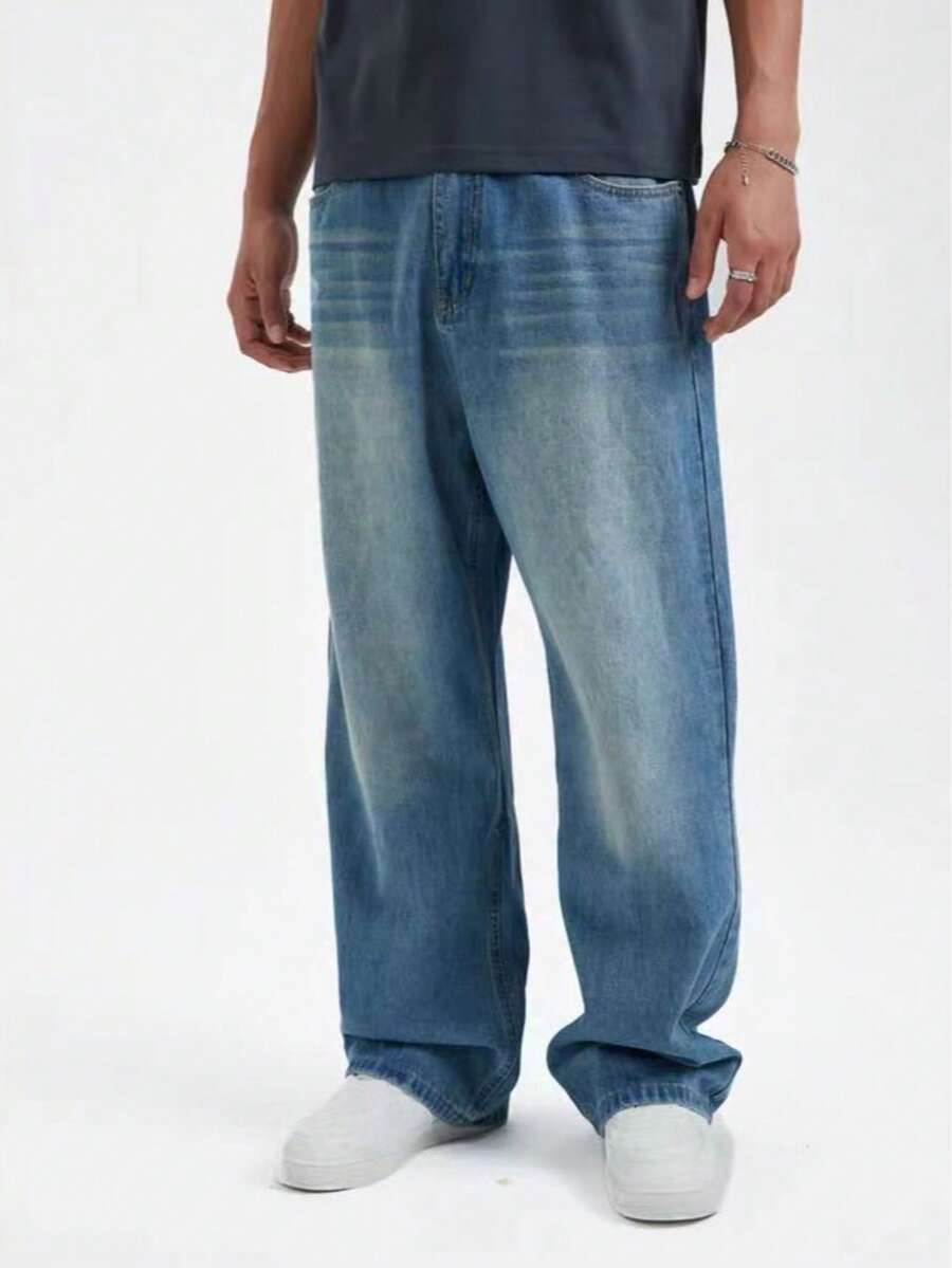 Men's Casual Straight Leg Loose Fit Comfortable Denim Jeans Washed Denim Long Pants All Season - Medium Wash - View 1