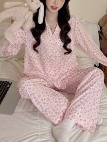Women's 2-Piece Pink Leopard Print Pajama Set, Cardigan Button Long Sleeve & Long Pants, Wearable Loungewear, Autumn/Winter - Pink - View 5