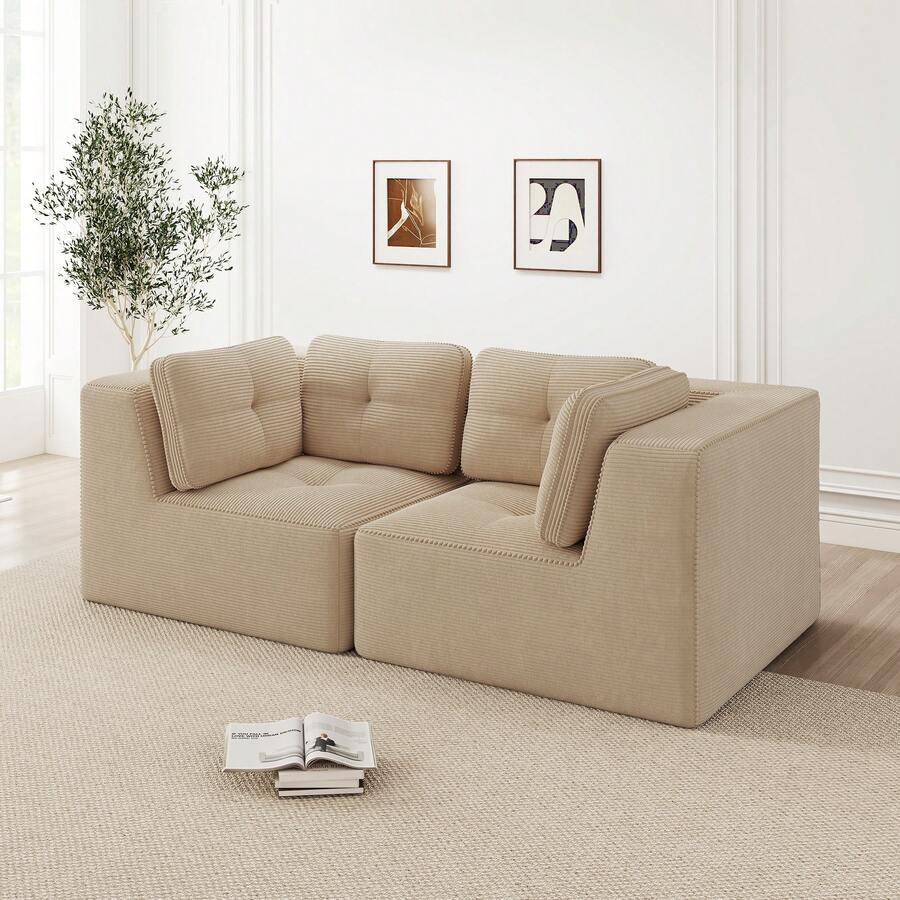 Corner Sofa Modular Beige 2 Seaters - Corduroy Fabric - 米色 2 人座 - 查看 1