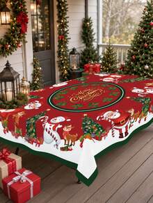1pc Merry Christmas Santa Claus Snowman Round Tablecloth, Holiday Red Polyester Tablecloth, Printed With Reindeer, Christmas Tree, Holly And Gift Patterns, Reusable, Suitable For Kitchen, Holiday Party, Banquet And Home Decor - Multicolor - View 3