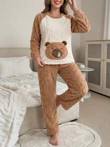 Women's Thick Cable Knit Coral Fleece Pajama Set, Raglan Long Sleeve Loose Wide Leg Pants, Cute Cartoon Home Wear, Can Be Worn Outdoors, Autumn/Winter - Camel - View 5