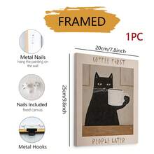 1pc Modern Minimalist Coffee Cat Poster With Motivational Quote "Coffee First, People Second" - Suitable For Coffee Shop, Kitchen, Frameless Home Office Decor - Multicolor - View 17