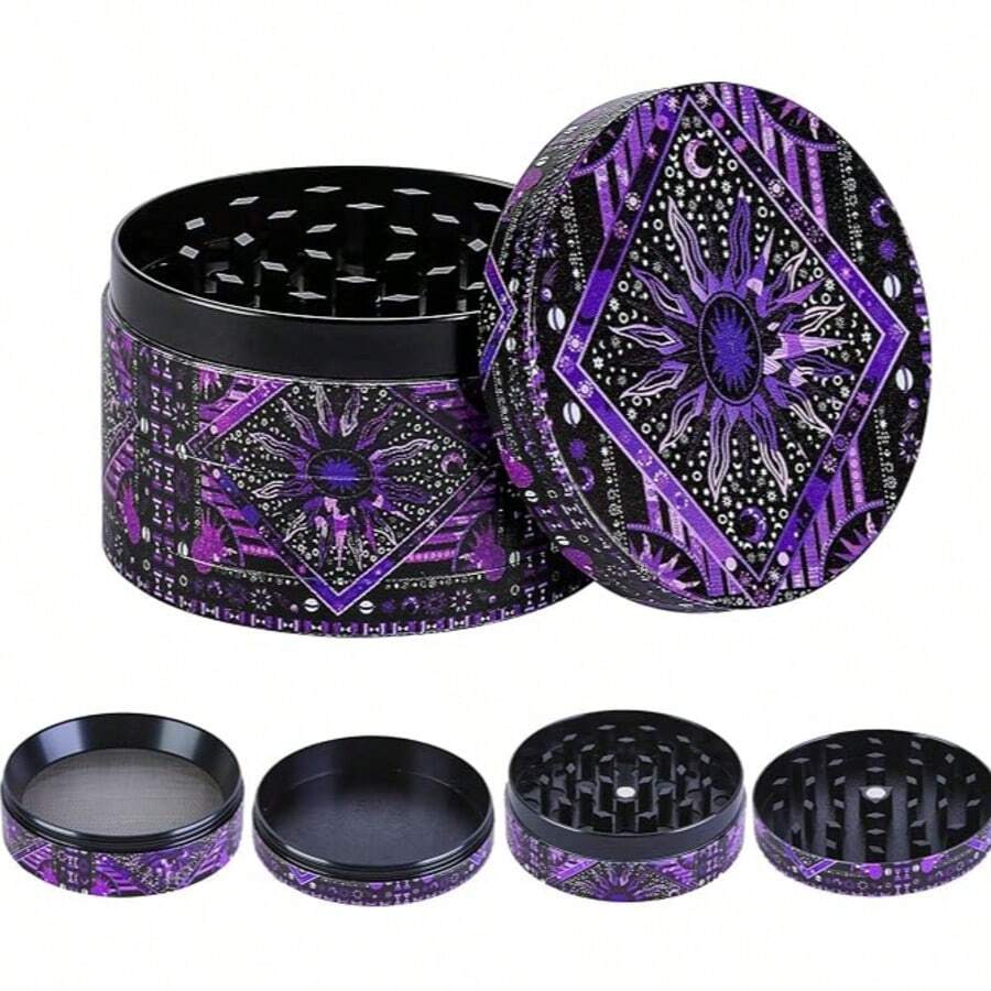 Premium Zinc Alloy Manual Grinder - 50mm High Efficiency Spice Grinder, Herb Crusher With Pollen Collector, UV Printed Purple Sun Rhombus Creative Pattern Print, Suitable For Daily Use, Exquisite Gift For Men And Women, Birthday Gift, Holiday Gift, Christmas Gift, Best Choice - View 1