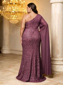 UNITHORSE Plus Size Women's Sequin Slit Shoulder Dress - Dusty Pink - View 2