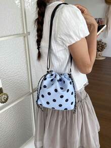 1 pieza Bolso cubo de nailon de unicolor con cordón y patrón de lunares, bolso bandolera de moda para mujer - Celeste - Ver 2