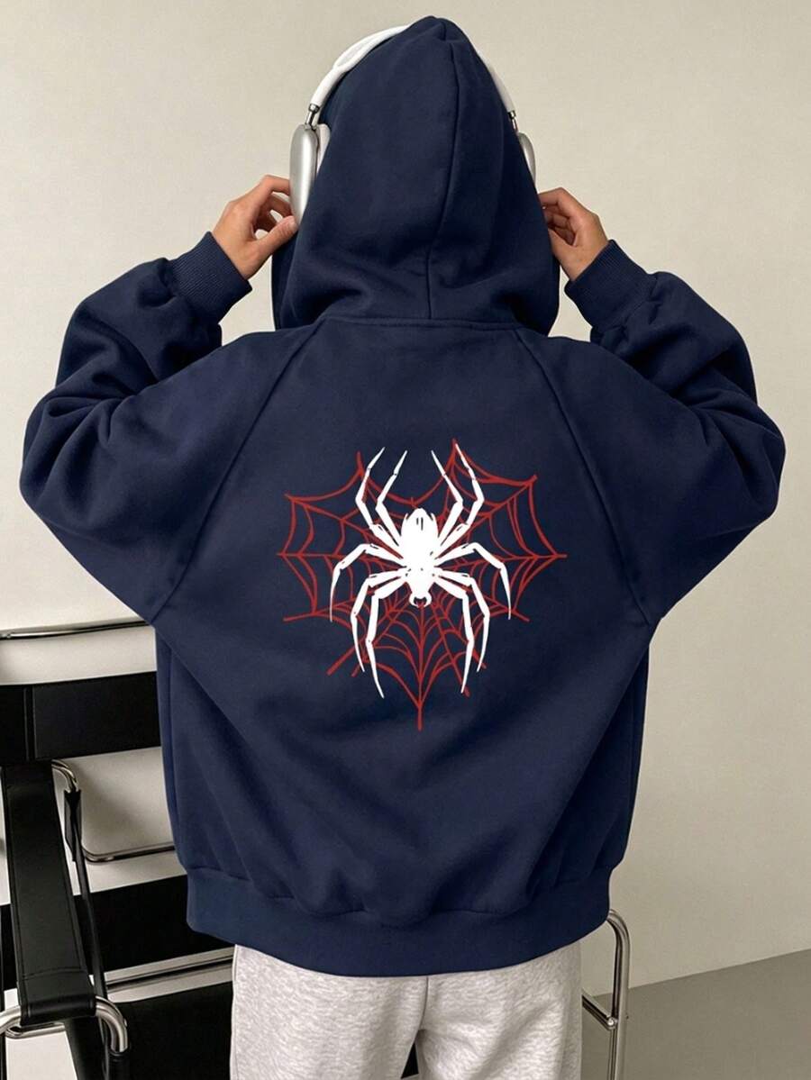 1pc Teen Girls Fashion Spider Print Hooded Jacket, Versatile Casual Sweatshirt, Suitable For Commuting, School, Daily Wear, Sports, Autumn/Winter - Navy Blue - View 1