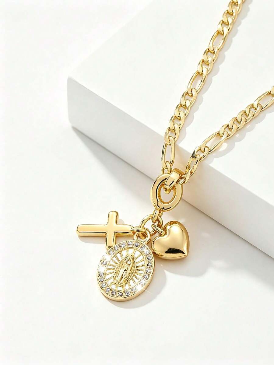 Women's Vintage Religious Style Multi-Pendant Necklace, Combining Cross, Sacred Heart And Zirconia-Inlaid Virgin Mary Pattern. Exquisite Soft Layered Design, Elegant To Wear. Symbolizing Faith, Protection, Love And Peace. Suitable For Daily Commute, Church And Dating, Versatile For Vintage Outfits. Ideal Gift For Mother's Day, Birthday And Religious Occasions, Filled With Blessings And Ritual. - Yellow Gold - View 1
