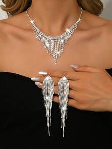 1 Pair Long Tassel Earrings + 1 Piece Waterfall Layered Tassel Necklace Bridal Wedding Jewelry Set, Suitable For Daily Wear, Banquet, Party/Gift - Silver - View 2