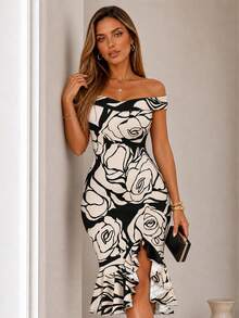 ChicMe Women's Floral Print Open Shoulder Ruffle Hem Slit Fitted Midi Dress, Elegant And Fashionable, Suitable For Party And Vacation Black Summer - Black - View 8