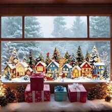 Christmas Gift, 2D Flat, Winter Town Christmas Window Stickers, Snow House Pine Tree Santa Claus Reindeer Stickers, Suitable For Christmas Party And Farmhouse Window Decoration, Reusable, Beautiful Stickers - Multicolor - View 1