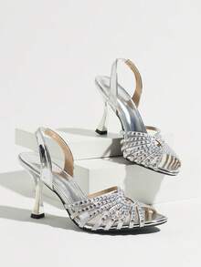 Women's Silver Rhinestone Thin Strap Open Toe High Heel Sandals, Fashionable Sexy Comfortable, Metallic Mirror Finish Premium Texture Upper, Round Toe Back Ankle Strap Design, Suitable For Evening Party, Wedding Bride, Party, Date, Valentine's Day Gift - Silver - View 8