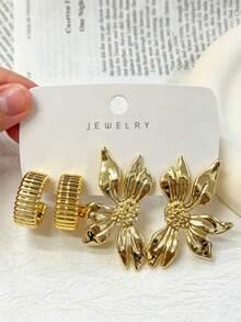 1 Pair - 9 Pairs Leaf, Water Drop, Square Earrings With Textured Stripes, Flower Asymmetrical Exaggerated Earrings Set, Resin Material, Suitable For Daily Wear. - Yellow Gold - View 11
