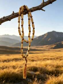 1pc Bamboo & Wooden Bead Handmade Beaded Tassel Necklace, Unisex Necklace, European & African Style - Apricot - View 6