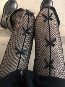 女款蝴蝶結魚網襪－可愛蝴蝶結裝飾與彈性魚網，性感派對與 Y2K 風格必備 - 黑色 - 查看 6