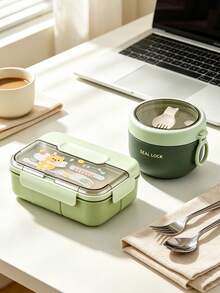 Cartoon PP Material Lunch Box Set, Portable Food Container, Large Capacity Food Storage Box, Student And Office Worker Lunch Box Set - Green - View 3