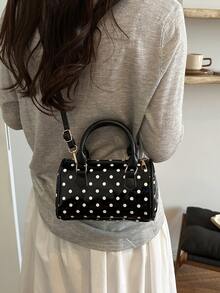 Cute Polka Dot Mini Boston Handbag, Sweet Shiny Leather Handle Women's Crossbody Shoulder Small Bag - Black - View 5